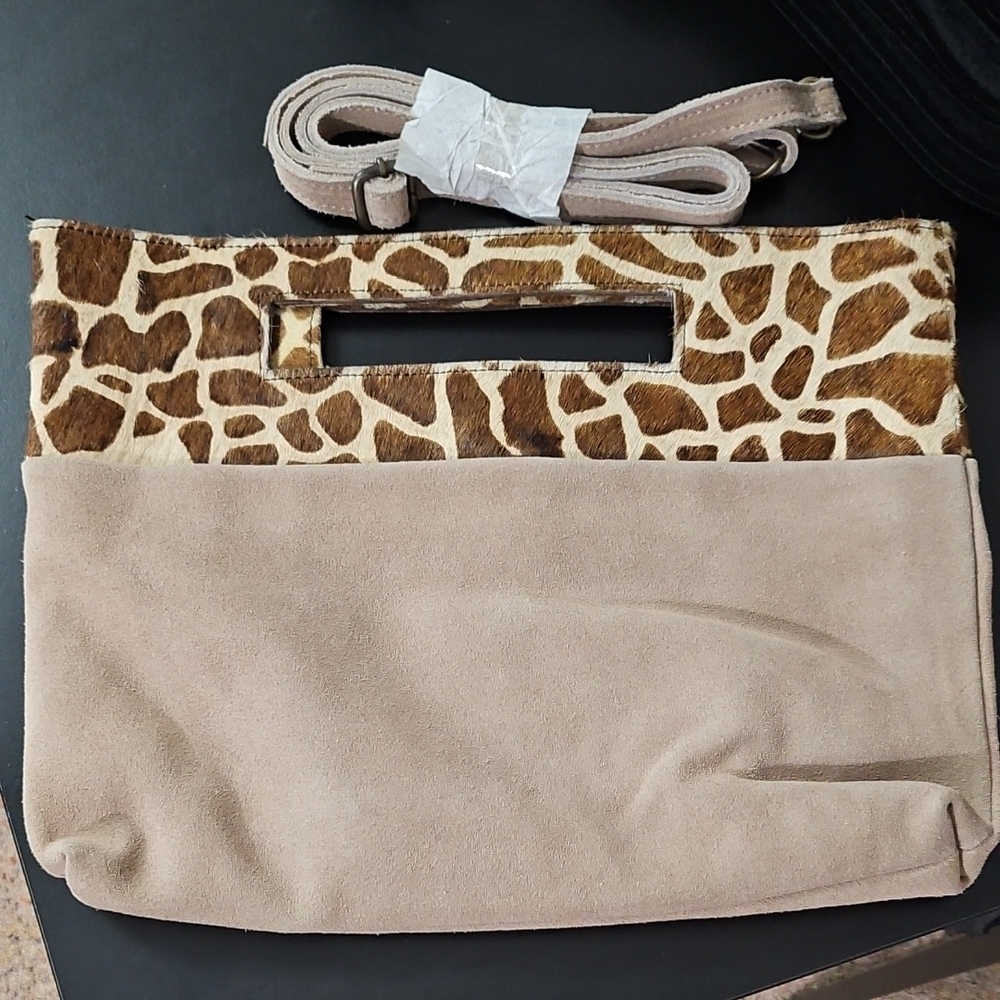 NEW! Antropologie Giraffe Print and Tan Suede Women's Clutch/ Shoulder Bag!